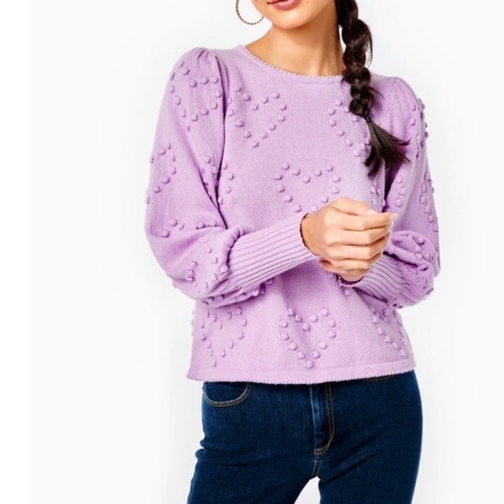Lilly Pulitzer Kippa Heart Sweater Purple Iris Popcorn Heart Puff Sleeve S